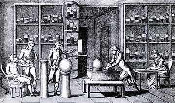 Lavosier using a giant lens in combustion experiments.