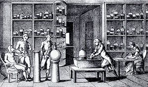 Lavosier using a giant lens in combustion experiments.